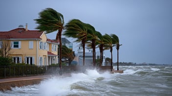 A coastline with palm trees getting strong wind and waves.
