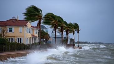 A coastline with palm trees getting strong wind and waves.