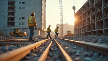 Construction workers on some train tracks.