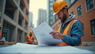 Stock image of a construction worker looking at a blueprint on a jobsite. 