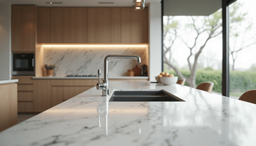 An on-island sink in a freshly remodeled kitchen.