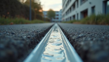 High angle view of a gutter with water running through it.