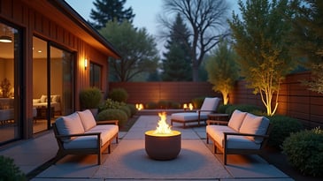 A concrete patio with furniture and a fire.