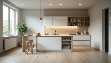 A remodeled open-concept kitchen with under cabinet lighting.