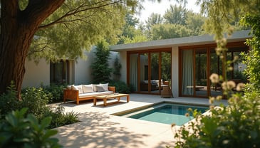 An outdoor living oasis with a pool and seating. 