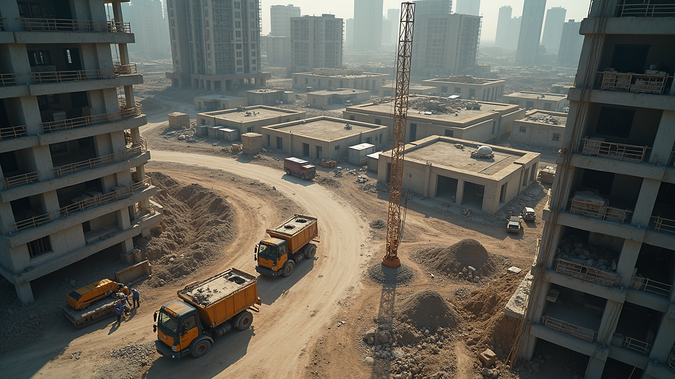 High angle view of a construction site with workers in action