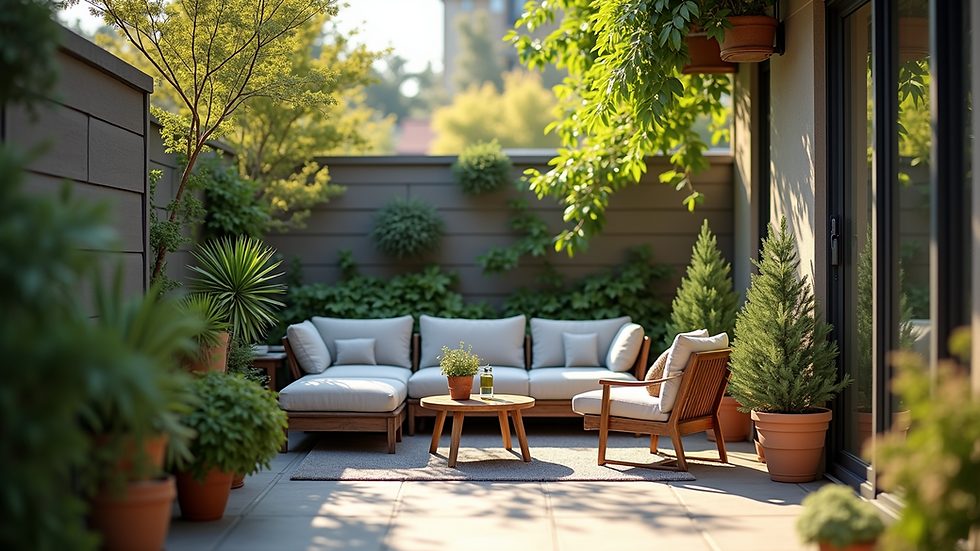 Close-up view of a small backyard patio with potted plants and compact furniture