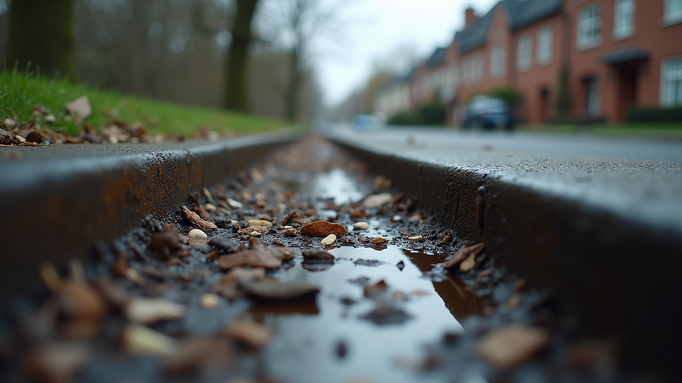 Close-up view of debris-filled gutters