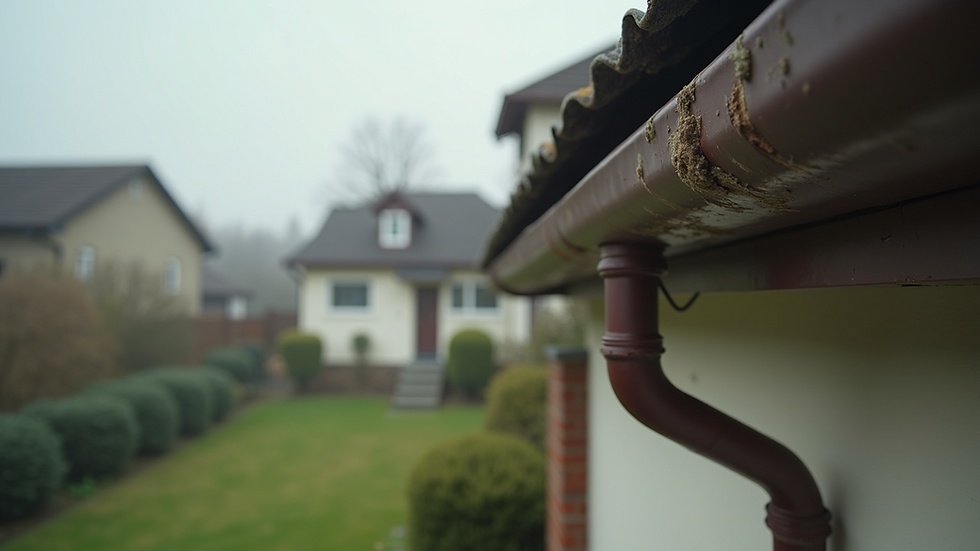 Eye-level view of a residential home showing damaged gutters