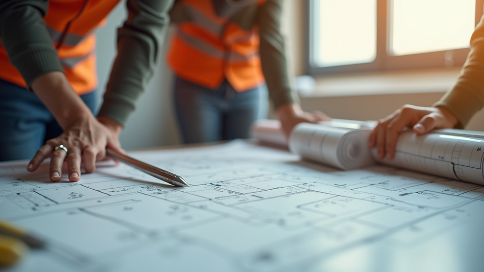 Close-up of building plans and tools on a construction table
