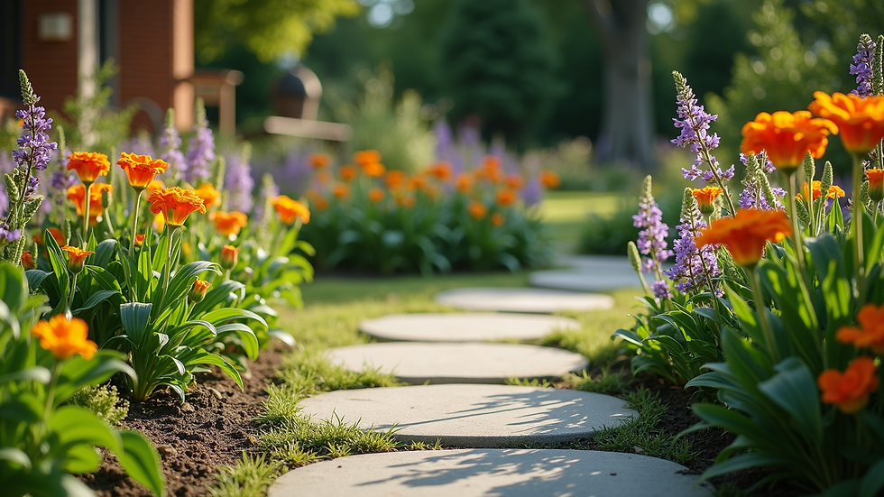 High angle view of a backyard garden with colorful flowers and stone pathways