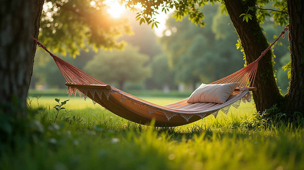 Eye-level view of a stylish hammock nestled among lush greenery