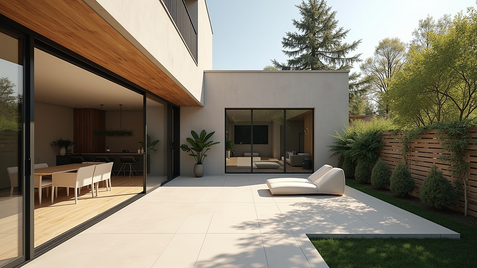 Wide angle view of a stylish outdoor space renovation