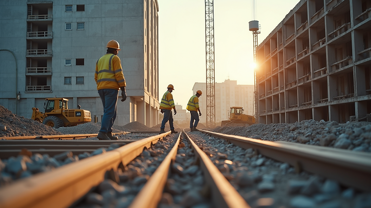 Eye-level view of a construction site with builders working