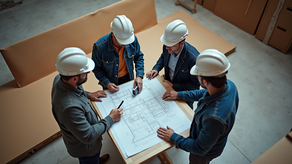 High angle view of a group of builders discussing blueprints