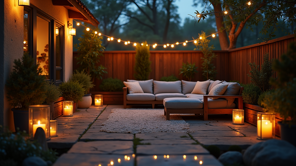 High angle view of cozy outdoor lighting in a backyard retreat