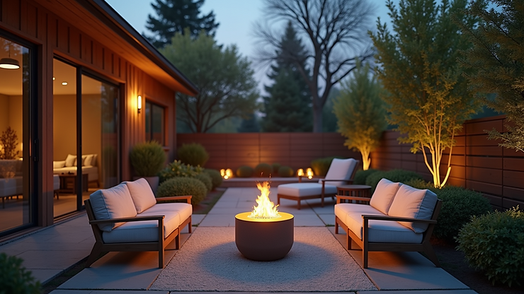 Eye-level view of a backyard with a cozy seating area and fire pit