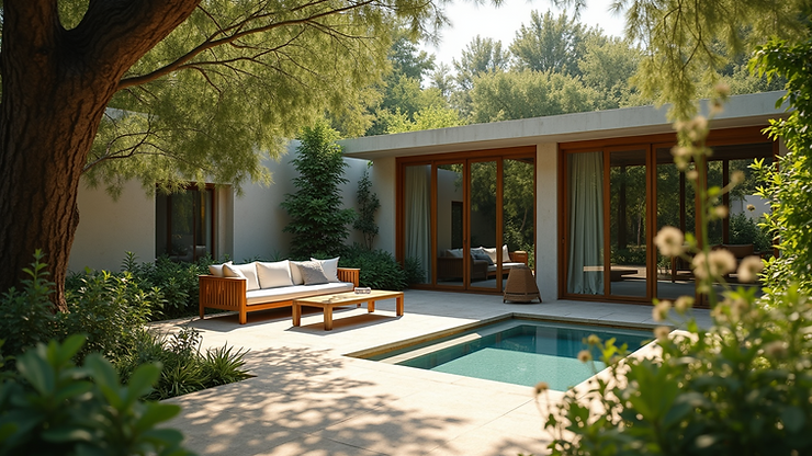 Wide angle view of a tranquil garden with a cozy seating area