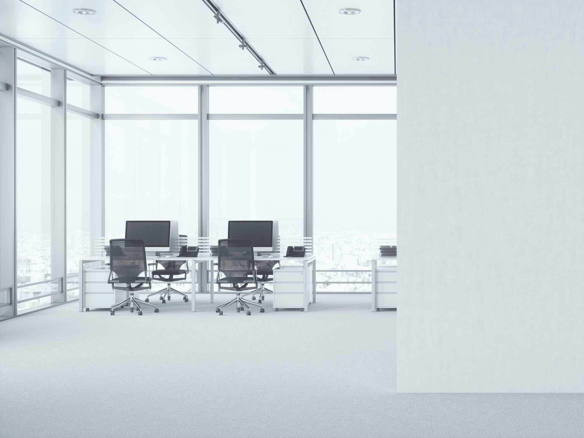 Bright open office workstations city view - stock