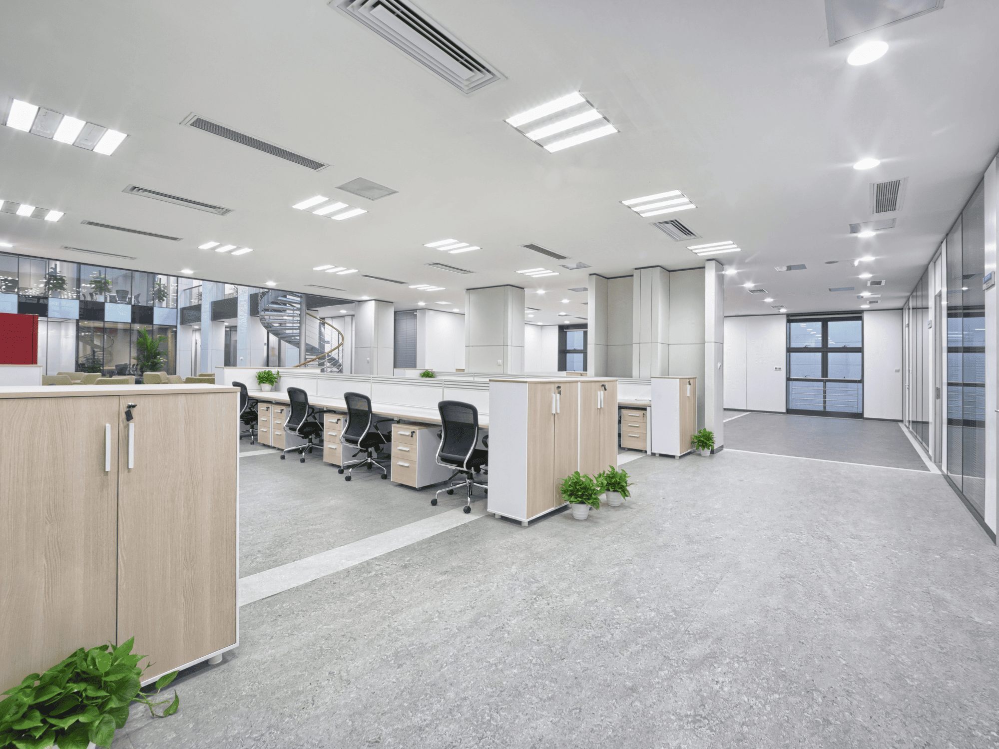 Open office floor plan spiral staircase - stock