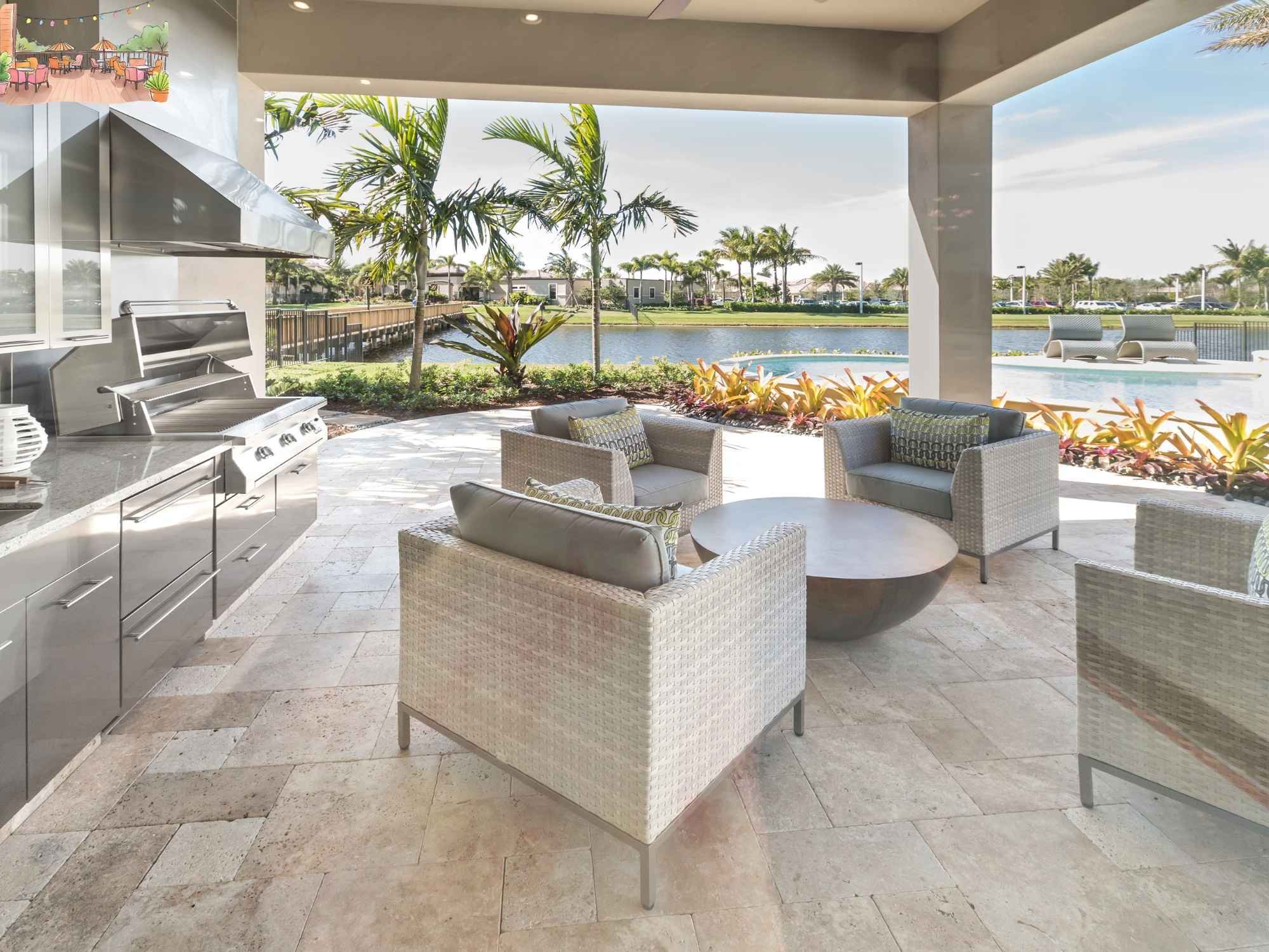 Covered outdoor living space in Palm Beach, FL, featuring a stainless steel kitchen, wicker seating - Stock