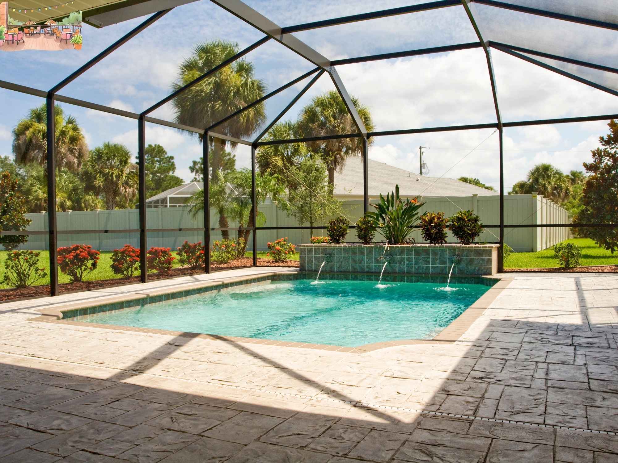 Screen-enclosed swimming pool with water features, stone paver patio, and tropical landscaping in Palm Beach, FL - stock